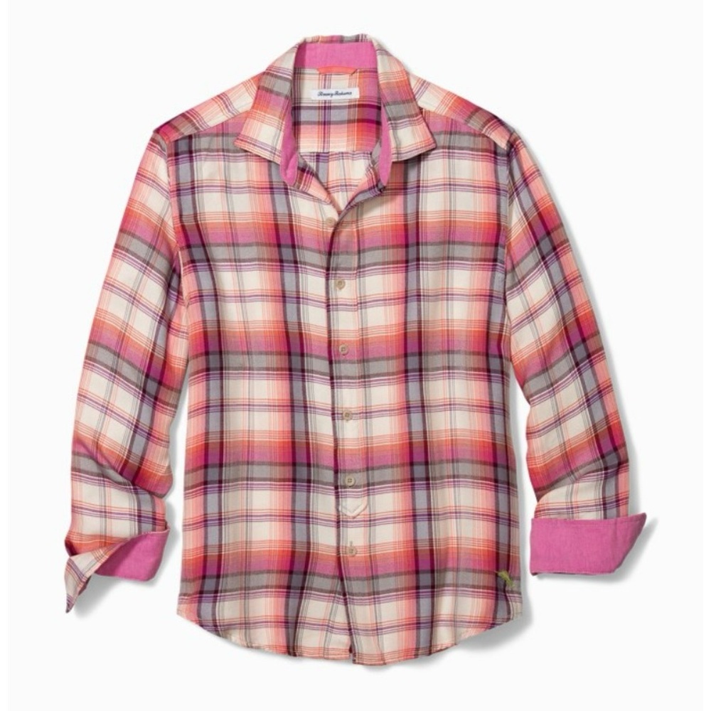 Tommy Bahama Shirt Men XL Pink/Orange/White Pebble Bay Plaid Rayon L/S Button Up